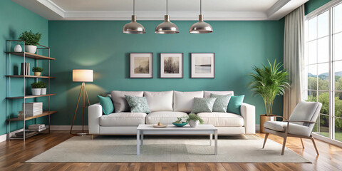 Modern and cozy living room set up with a white sofa, aqua walls, and sleek decor