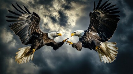 Obraz premium Two Bald Eagles in Flight, Facing Each Other Against a Dramatic Cloudy Sky