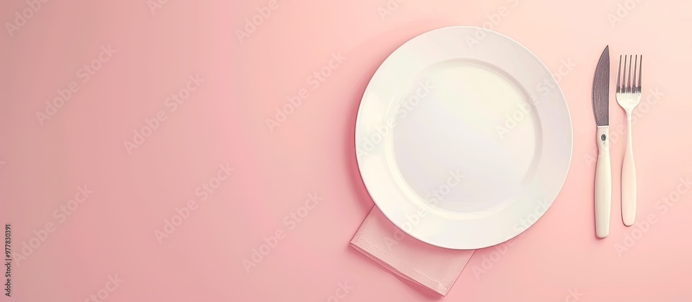 Poster table setting featuring a plate with cutlery on a light table cooking backdrop top view menu backgro