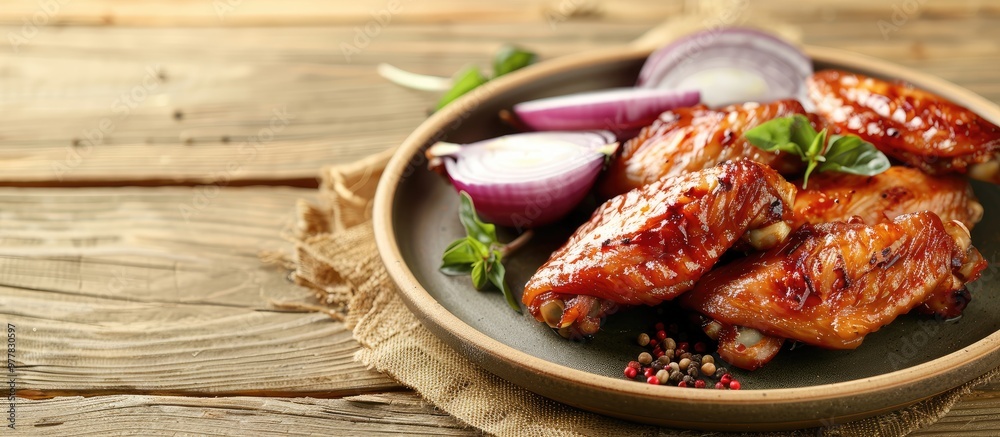 Poster Chicken wings on a plate alongside onion on a light wooden background with copy space Culinary backdrop Eastern cuisine Street food Weekend barbecue