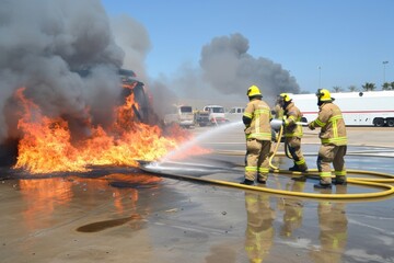 A Photography of A fire truck and firefighters performing a hazardous materials (hazmat) response, demonstrating the specialized training and equipment used to handle chemical emergenci