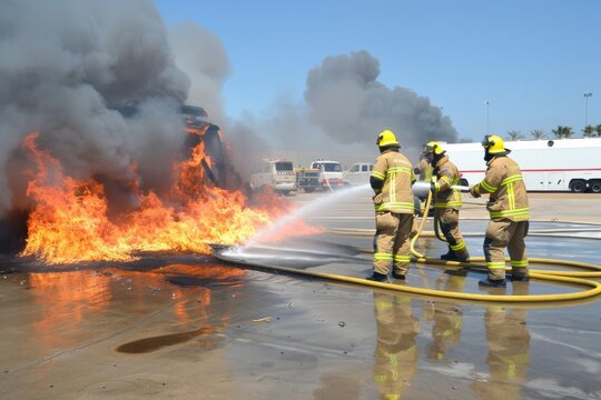 A Photography of A fire truck and firefighters performing a hazardous materials (hazmat) response, demonstrating the specialized training and equipment used to handle chemical emergenci