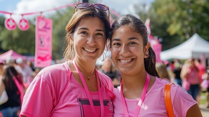 Fototapeta premium Mother and Daughter Supporting Breast Cancer Awareness at Fundraising Event