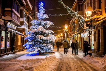 A Photography of A picturesque snowy village square with a towering Christmas tree and a bustling ice skating rink, capturing the enchantment of a winter wonderland during the holida