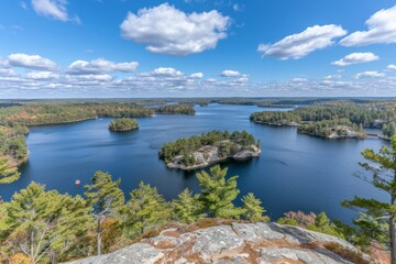 Obraz premium A Photography of A peaceful wilderness lake surrounded by autumn foliage, with vibrant shades of red and gold reflecting on the tranquil water's surface, a true seasonal g