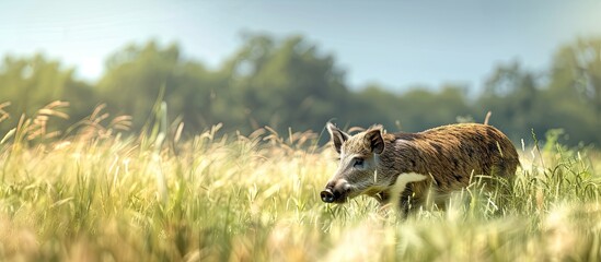 Fototapeta premium Wild boars foraging in a green grain field during summer A wild pig concealed in agricultural land copy space Vertebrates grazing in the summer with a blurred backdrop