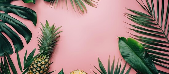 Naklejka premium Creative flat lay top view featuring green tropical palm leaves on a millennial pink paper background alongside pineapples with copy space available Minimalist tropical palm leaf plants summer concep