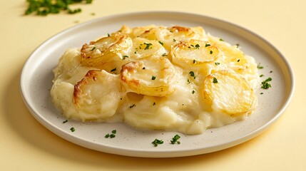A plate of creamy pommes dauphinoise (potato gratin), isolated on a pale yellow background to enhance the richness of the dish