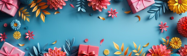 Obraz premium Brightly colored paper flowers and gift boxes on a blue background