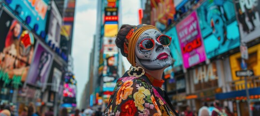 Modern La Catrina with Stylish Sunglasses in Bustling City Street - Fusion of Tradition and Modernity