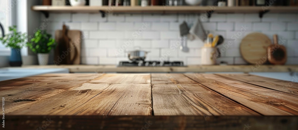 Poster wood table top with a blurred kitchen room background for montage product display or design key visu