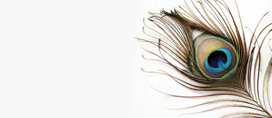 Obraz premium peacock feather on a white background with text copyspace