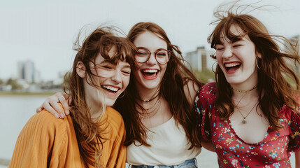 Close group of friends smiling and walking on a boardwalk by the ocean, hair blowing