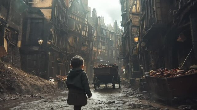 Young boy in a medieval town setting, exploring the streets and shops