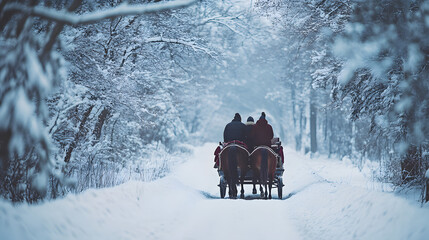 A horse-drawn sleigh carrying a couple through a snowy forest the couple cuddling under a blanket as they enjoy the quiet ride through the winter landscape.
