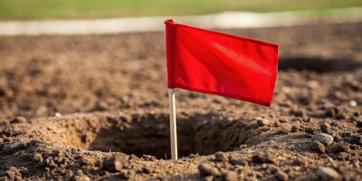 A close-up of a red flag marking a hole in the ground