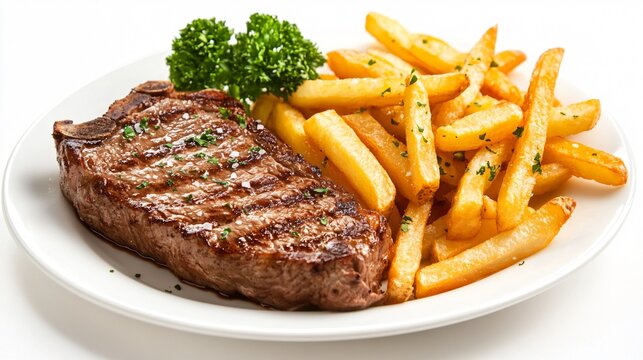 A plate of steak frites with a juicy steak and golden French fries, isolated on a matte white background for a classic bistro feel