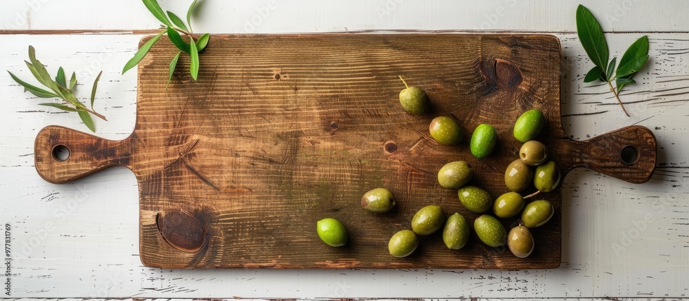 Canvas Prints Blank aged cutting board food backdrop for copy space on a white table with green olives Empty wooden cutting board featuring olives Italian cuisine background for menus or recipes