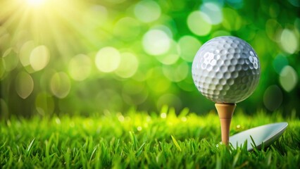 Golf party invitation with golf ball and tee on lush green grass