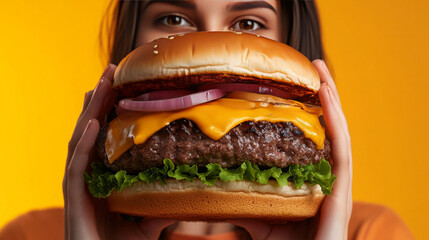 Woman holding a big cheeseburger with marble beef against an orange background.