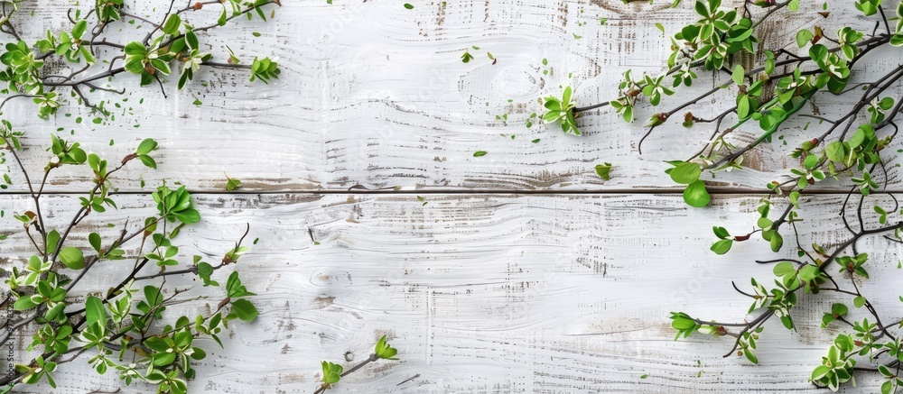 Canvas Prints worn white wooden surface with green leaves top view copy space spring branches on a distressed back