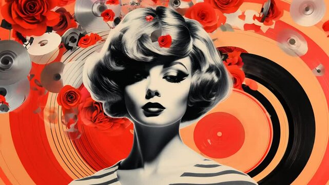 Retro-style collage of a woman with vinyl records and abstract art in the background