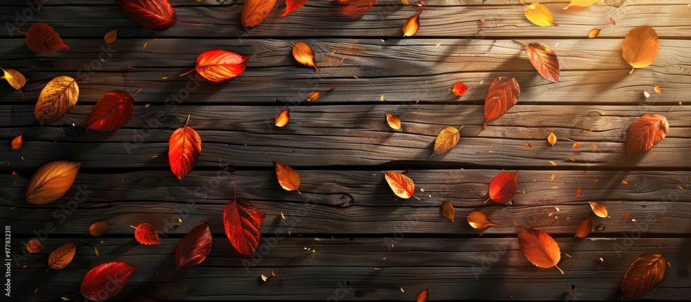 Sticker Autumn leaves on wooden planks autumn backdrop. Copy space image. Place for adding text and design