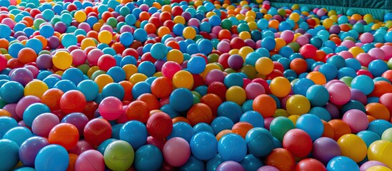 Multicolored brightly saturated plastic balls in a soft play ball pit at a children s play park Vibrant balloon. Copy space image. Place for adding text and design