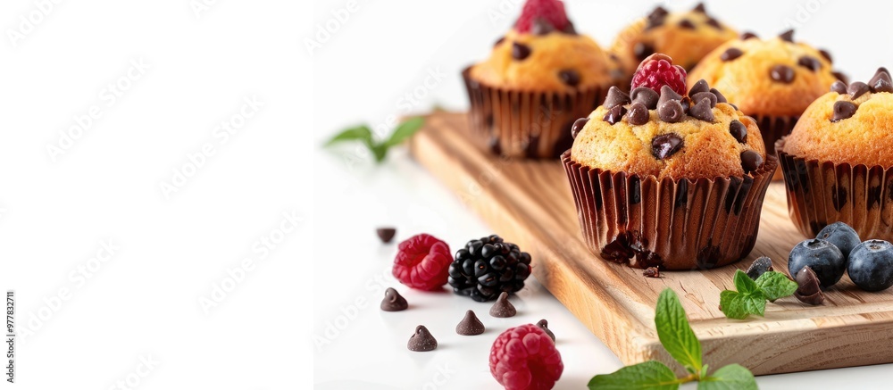 Sticker Muffins topped with chocolate chips placed on a wooden board against a white background accompanied by fresh berries Copy space