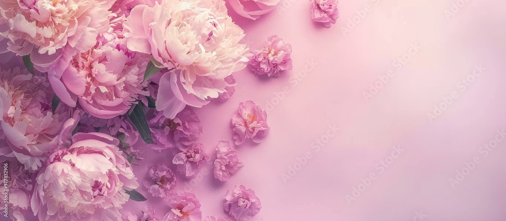 Canvas Prints A bunch of fresh pink peonies on a pink background Top view with copyspace