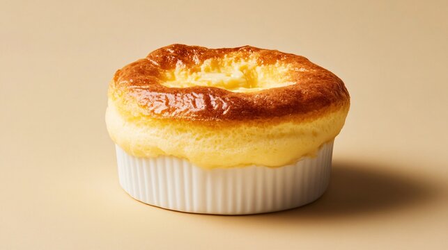 A serving of souffl&eacute; au fromage with a golden-brown top, isolated on a neutral beige background for a classic, airy French appetizer