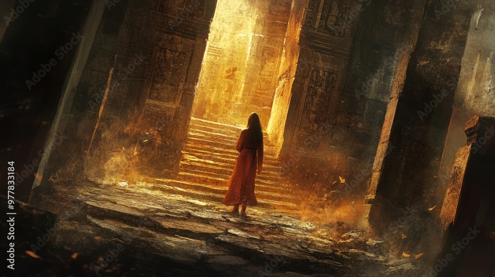 Poster A solitary figure in a golden, ancient temple