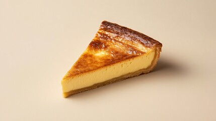 A slice of flan pâtissier, a classic French custard tart, isolated on a matte beige background for a simple, rustic presentation