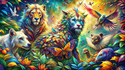 Fototapeta premium Vibrant mosaic of animals in a lush jungle with colorful foliage, artistic wildlife