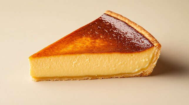 A slice of flan p&acirc;tissier, a classic French custard tart, isolated on a matte beige background for a simple, rustic presentation