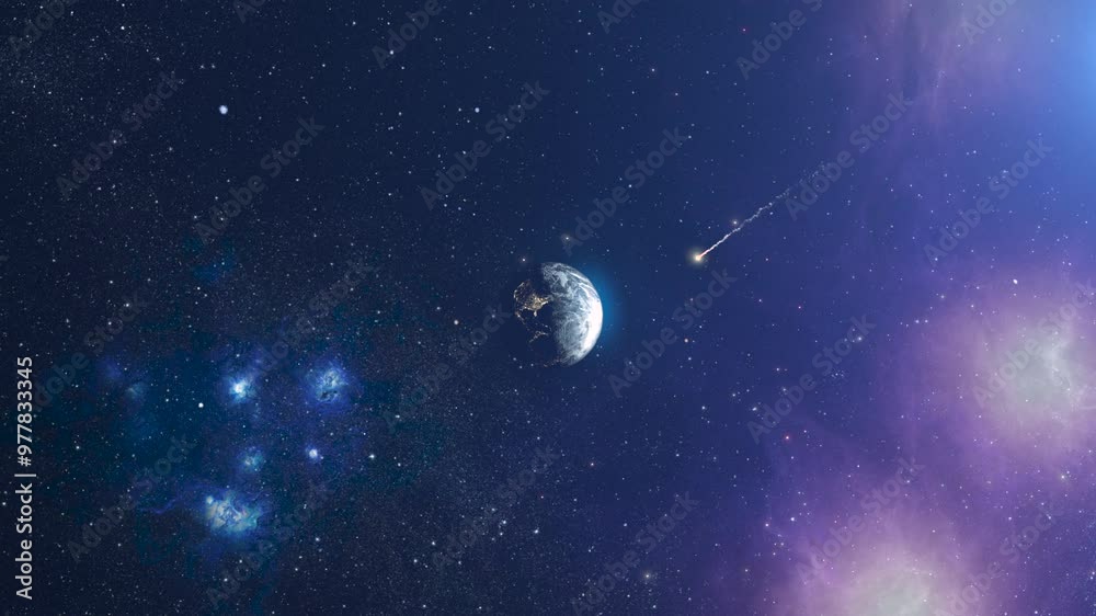 Sticker burning meteor flying toward planet earth, outer space view 3d rendering of planet earth with potent
