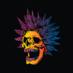 A skull with an open mouth and a punk rock hairstyle. T-shirt design, stickers, print.