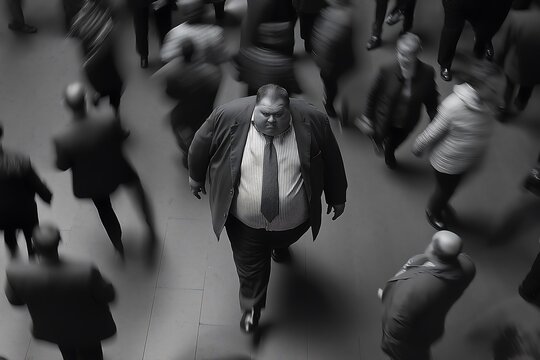A black and white photograph of a fat man walking through fat crowd, blurred motion, shot from above, wearing modern attire