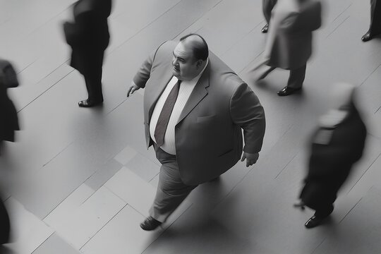 A black and white photograph of a fat man walking through fat crowd, blurred motion, shot from above, wearing modern attire - Powered by Adobe