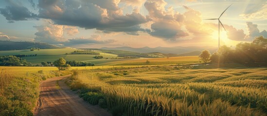 A summer evening landscape featuring agricultural fields a road and a wind turbine. Copy space image. Place for adding text and design