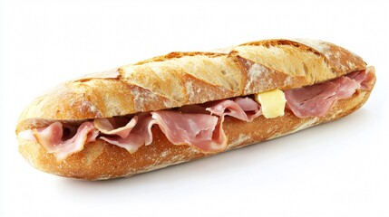 A traditional French baguette sandwich with ham and butter, isolated on a white background for a simple, classic look