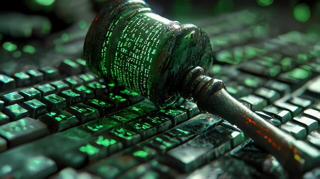 A gavel with binary code symbols, placed on a glowing keyboard, representing cyber law and justice
