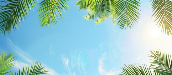 Green palm branches against the blue sky Copyspace Area for text