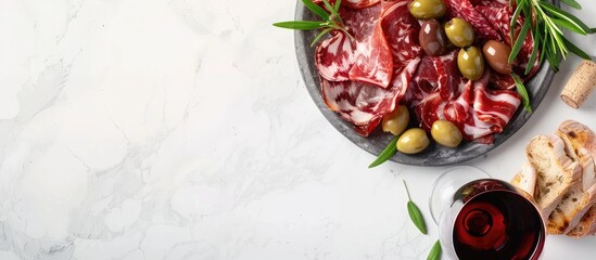 Traditional Italian antipasto featuring sliced meats paired with wine and olives on a white table Top view copy space