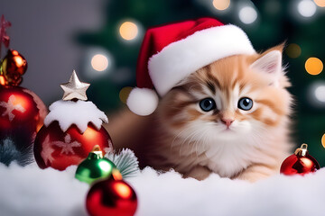 Obraz premium Ginger kitten in a Santa Claus hat, Christmas atmosphere. 