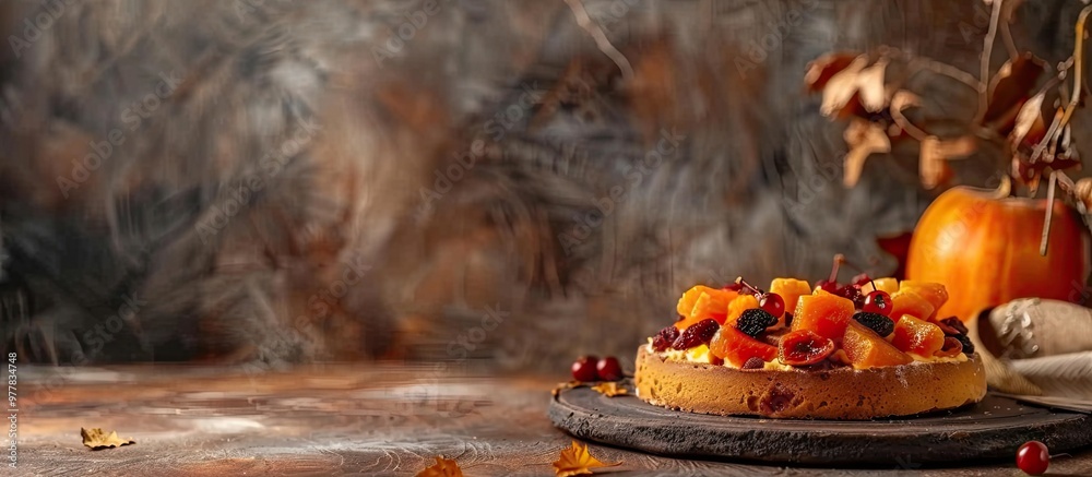 Wall mural Home bakery persimmon and dried fruit dessert. Copy space image. Place for adding text and design