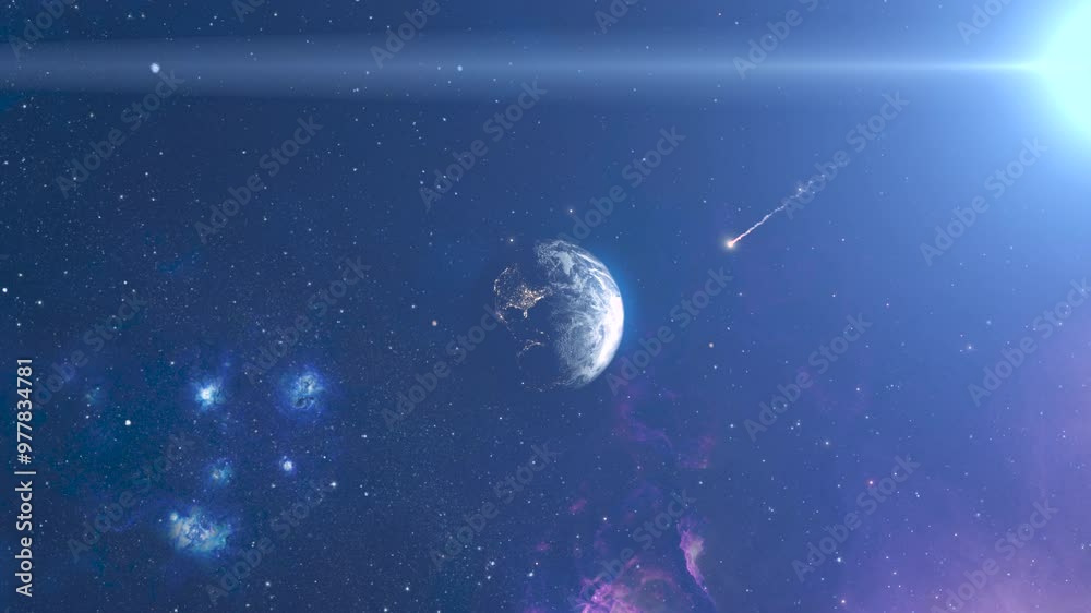 Poster burning meteor flying toward planet earth, outer space zoom out 3d rendering of planet earth with po
