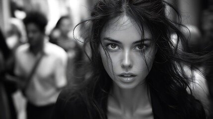 A black and white photograph of an elegant brunette woman walking through crowd, look scared, blurred motion, shot from street level, wearing modern attire