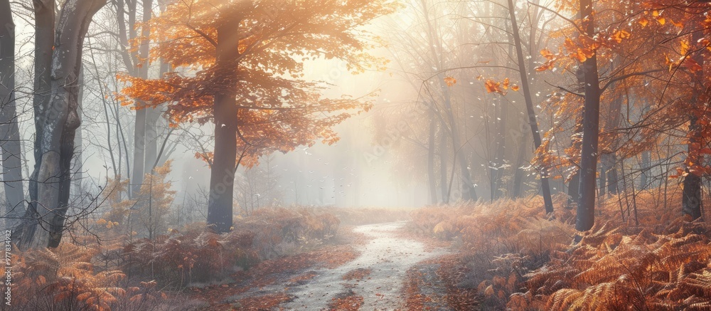 Poster forest path on a foggy autumn morning. copy space image. place for adding text and design