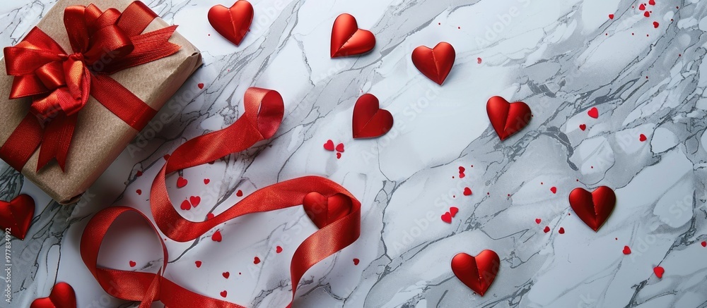 Sticker Beautiful Valentine s Day paper hearts and a gift box on a marble background viewed from above This concept presents a romantic background with a greeting card box ribbons and hearts There is space f